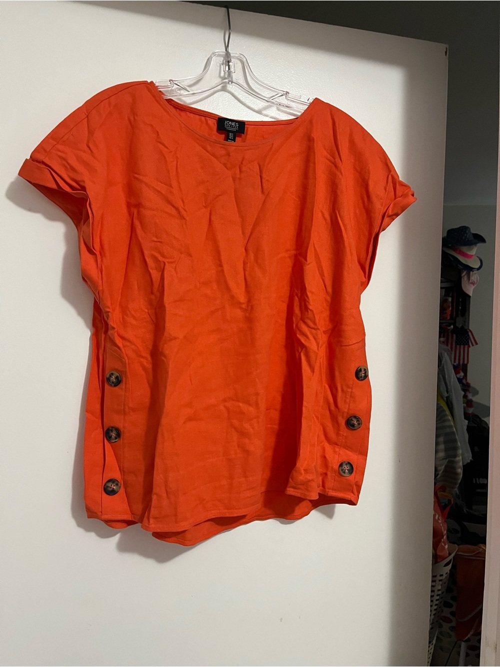 Jones New York Bright Orange Short Sleeve Tunic with Side Button Detail